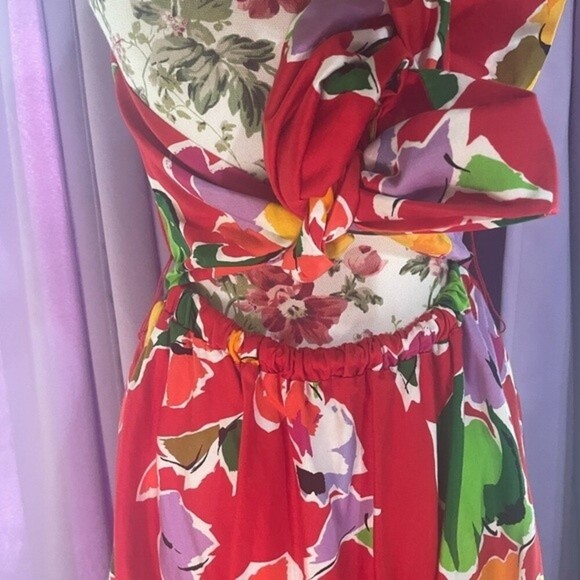 Vintage Collared Jackie Bernard Red Floral Low Back Halter Dress Size 14 - Picture 5 of 6